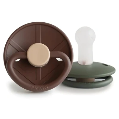 Image of FRIGG Little Viking Silicone Pacifier Pack of 2 Pacifiers Soother Dummy BPA Free Made in Denmark Symmetrical Cherry Shaped Nipple (Cocoa/Olive, Size (6 18 Months))