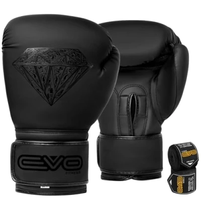 Image of EVO Maya Hide Leather Pro GEL Boxing Gloves For MMA Punch Bag Sparring Muay Thai KickBoxing Fighting Training Glove with FREE Hand Wraps (Black Diamond Matt, 14 OZ)