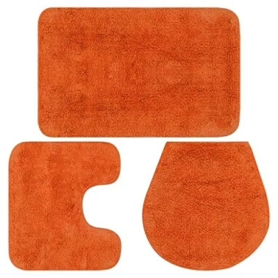 Image of vidaXL 3 Piece Bathroom Mat Set in Vibrant Orange 100% Cotton Fabric Includes Bath Mat, Pedestal and Toilet Lid Cover with Non Slip Backing for Enhanced Safety
