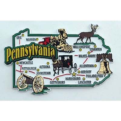 Image of World By Shotglass Pennsylvania State Map and Landmarks Collage Fridge Souvenir Collectible Magnet FMC