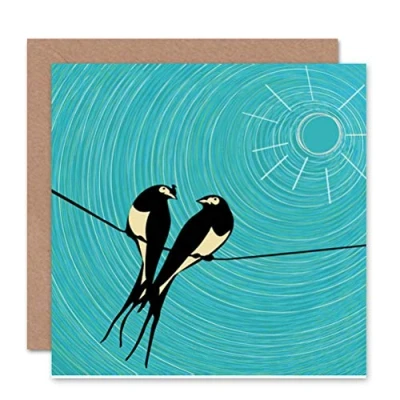 Image of Wee Blue Coo BIRDS ON WIRE SUN BLANK GREETINGS BIRTHDAY CARD ART
