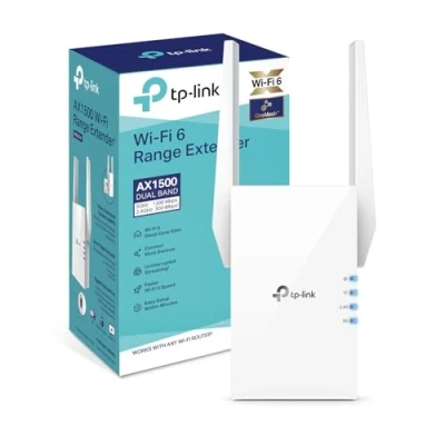 Image of TP Link Mesh WiFi 6 Booster, Repeater, Ultraxtend Range Extender with 1 Gigabit Port, 1500Mbps Internet 5GHz, App Control Easy Setup, UK Plug (RE505X)