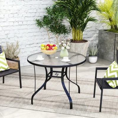 Image of Outsunny Outdoor Dining Table with Parasol Hole, Tempered Glass Top Metal Frame Coffee Table, Round, 96.5 x 71 cm