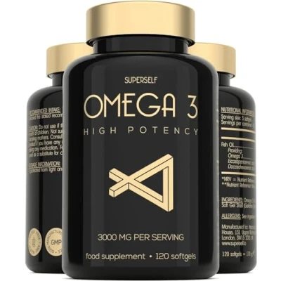 Image of Fish Oil Omega 3 Capsules High Strength 3000mg Triple Potency Easy to Swallow with No Fishy Aftertaste 120 Softgels UK Made Supplements in DHA &amp; EPA Pure Sustainable