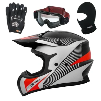 Image of Zorax Black/Silver/Red XL (61cm) ZOR X305 Motocross Helmet &amp; Gloves XL(11cm) Goggles Balaclava MX Quad ATV Sports Enduro Crash Dirt Bike ECE 22.06 Certified