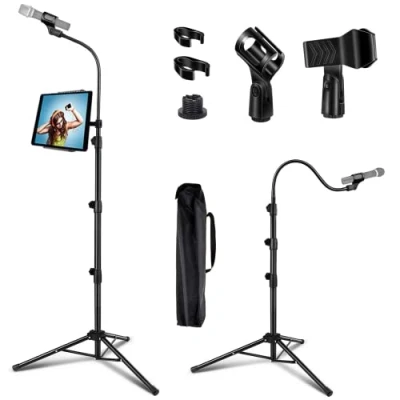 Image of LIUGAST Portable Microphone Stand with Phone Holder, Gooseneck Tripod Adjustable 3.5 6 Feet, 2 Standard Mic Clips, Black