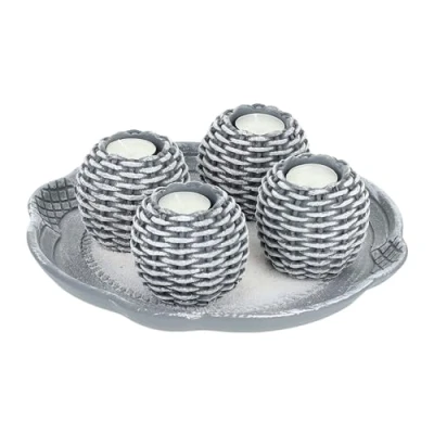 Image of Relaxdays Tray, Candle Set with 4 Tea Light Holders &amp; Sand, for Living Dining Room, Candleholder, Grey/White, Fibreboard, 8 x 27.5 cm