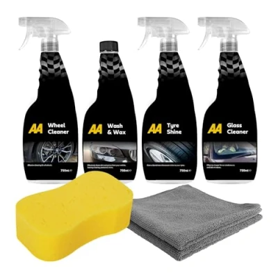 Image of AA Car Essentials cleaning kit 4 x 750ml includes large Jumbo Sponge, 2 Microfibre cloths, Wash Wax Shampoo, Alloy wheel cleaner, Tyreshine and Glass cleaner