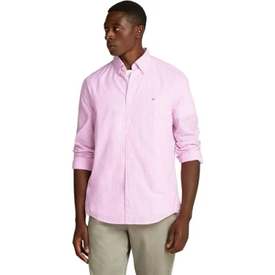 Image of Tommy Hilfiger Men&#039;s Flex POPLIN Classic STP RF Shirt MW0MW37549 L/S Shirt, White (Classic Pink/Optic White), S