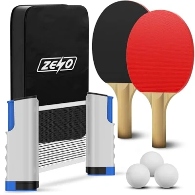 Image of ZENO Portable Table Tennis Set Premium All in One Kit with Retractable Net for Any Table, Bats, 3 Star Ping Pong Balls &amp; Storage Case Great Gift Indoor/Outdoor Game