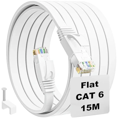 Image of Ethernet Cable 15m Cat 6, Flat Internet 15 Meters Long Slim Network Rj45 Wifi High Speed Gigabit 250MHz White 50FT LAN Patch for Modem Router Smart TV