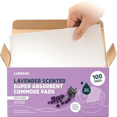 Image of Lunderg Lavender Scented Super Absorbent Commode Pads Medical Grade Value Pack 100 Count for Bedside Liners Disposable, Adult Chair, Portable Toilet Bags Make Your Life Easier