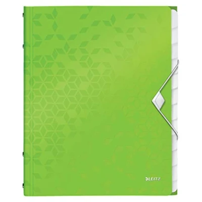 Image of Leitz 46340054 A4 Divider Book, Holds Up to 200 Sheets, Integrated Index with 12 Compartments, Elastic Closure, WOW Range, Green
