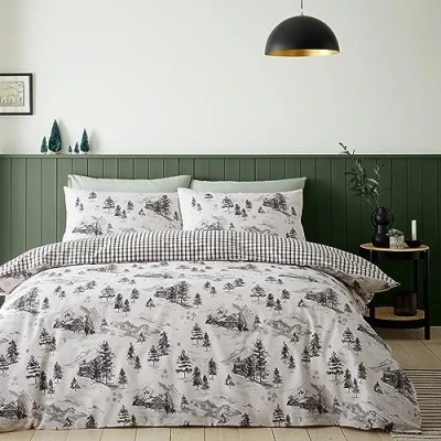 Image of Catherine Lansfield Brushed Cotton Alpine Village Double Duvet Cover Set with Pillowcases Natural, Cream