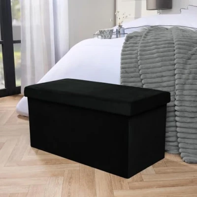 Image of OHS Rectangle Ottoman Storage Box, Matte Velvet Padded Foldable Bench with Hidden &amp; Lid Upholstered Footrest For Living Room Bedroom Space Saving Organising Box Black