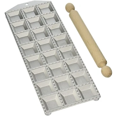 Image of Eppicotispai 24 Hole Aluminum Square Ravioli Maker with Rolling Pin