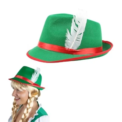 Image of Ladies Green Bavarian Hat Oktoberfest with Feather Detail Adults German Tyrolean Trilby Fancy Dress Accessory Pack of 1