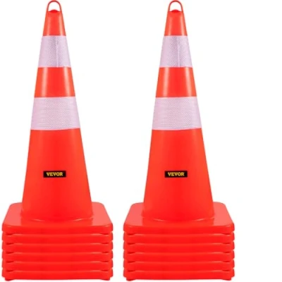 Image of VEVOR Safety Cones, 12 x 28&quot; Traffic PVC Orange Construction 2 Reflective Collars Cones with Weighted Base and Hand Held Ring Used for Control, Driveway Road Parking