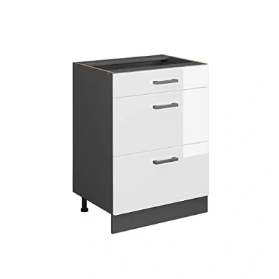 Image of Vicco Kitchen base cabinet Raul, White High Gloss/Anthracite, 60 cm with drawers, without worktop