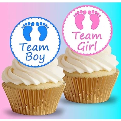 Image of 24 x Pre Cut Gender Reveal 1 Edible Stand up Wafer/Rice Paper Cupcake Cake Dessert Toppers Party Boy or Girl Baby Shower Decorations (Gender 1)