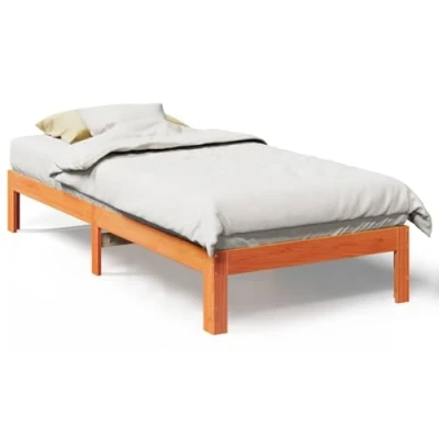 Image of vidaXL Solid Pine Wood Bed Frame with Headboard and Shelves Wax Brown, 90x200cm, Durable Rustic Design, Ideal for Bedroom Space