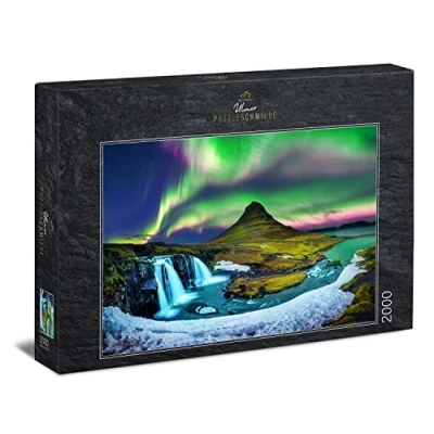 Image of Ulmer Puzzleschmiede Iceland Puzzle &quot;Mountain &amp; Light&quot; 2000 Piece Motif of Aolar Lights Over The Famous Kirkjufell Mountain Landscape Under Northern in