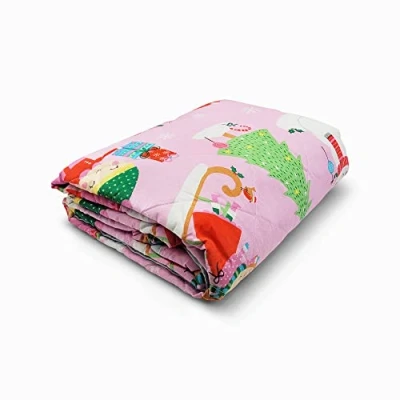 Image of Happy Linen Company Girls Boys Kids Christmas Tree Ice Skating Sausage Dog Pink Reversible Quilted Throwover