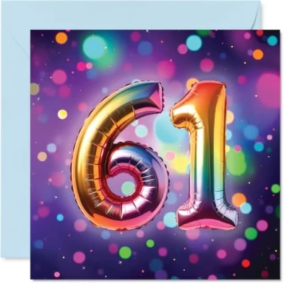 Image of 61st Birthday Cards for Women Men Rainbow Foil Balloon Happy Card 61 Year Old Woman Man Nan Grandma Sister Cousin, 145mm Bday Greeting