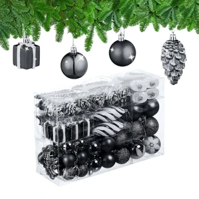 Image of Relaxdays Christmas Baubles Set of 72, Glittering, Matt &amp; Shiny Tree Decorations, Boots, Heart Cones, Plastic, Black, 24 x 38 12 cm