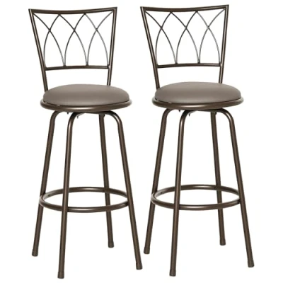 Image of HOMCOM Set of 2 Bar Chairs Swivel Armless Upholstered Metal Frame Barstools with Backrest &amp; Footrest, Bronze