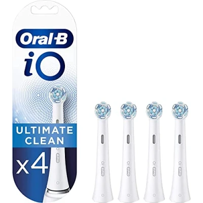 Image of Oral B iO Ultimate Clean Electric Toothbrush Head, Twisted &amp; Angled Bristles for Deeper Plaque Removal, Pack of 4 Heads, White