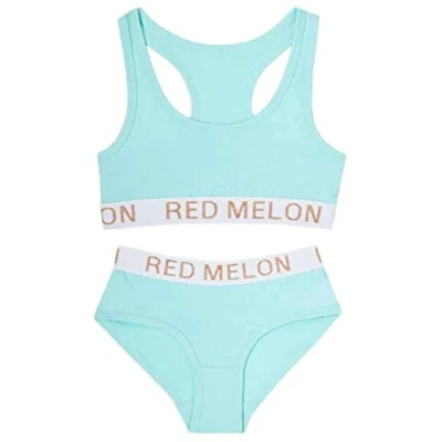 Image of Girls Crop Top Bra Knicker Set Brief Cotton Rich Plain Size 7 1 3 Years (Blue Set, 8 Years)