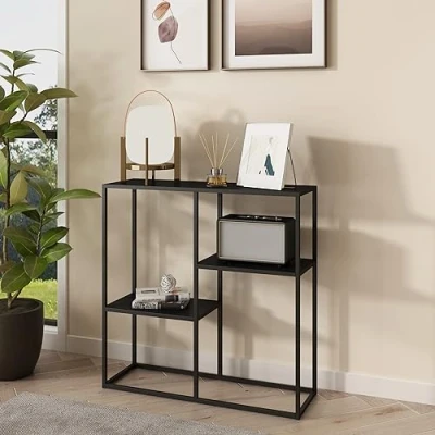 Image of [en.casa] console table Strömstad with 3 shelves metal frame hall side 80x80x26cm for living room and bedroom office black