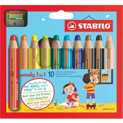 Image of Multi Talented Pencil STABILO woody 3 in 1 Pack of 10 Assorted Colours with Sharpener