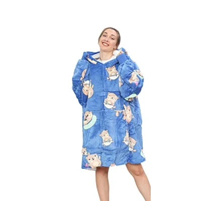 Image of True Face Blanket Hoodie Unisex Oversized Ladies Sherpa Fleece Ultra Plush Hooded Sweatshirt One Size Blue Cats