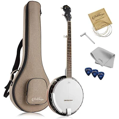 Image of Ashthorpe 5 String Banjo Full Size with 24 Brackets, Closed Back, Mahogany Resonator, Geared 5th Tuner, Padded Gig Bag