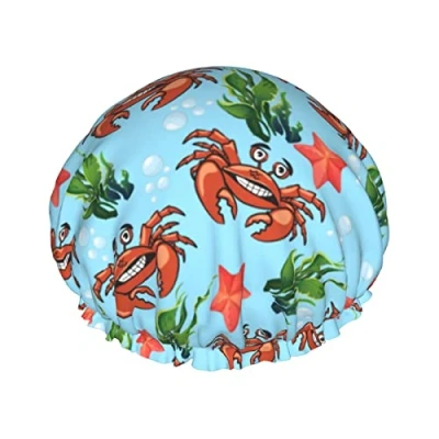 Image of Crab Star Seagrass Shower Cap Waterproof Luxury Caps for Women Reusable Bath Hair Fashion Hat with Elastic Easy to Wear