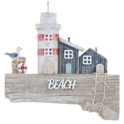 Image of Shudehill Giftware Sandy Bay Hanging Plaque Ornament Decoration Beach Rustic Themed Design with Lighthouse and Huts (Lighthouses)