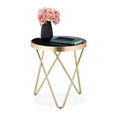 Image of Relaxdays Round Side Table, Trendy Coffee Stand, Metal &amp; glass, Shiny, Retro Design, HxD: 46x42 cm, Black Gold, steel, Pack of 1, Gold