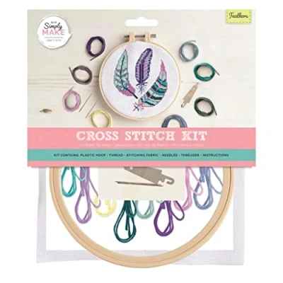 Image of Simply Make Cross Stitch Kit Feathers Design for Kids and Adults, Including Hoop, Embroidery Thread, Fabric Needle Perfect Adult Crafts Beginners Starter Craft