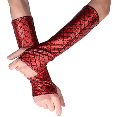 Image of RUNHENG Women&#039;s Shimmery Mermaid Gloves Fish Scale Fingerless Long Elbow Length Halloween Carnival Masquerade (Red)