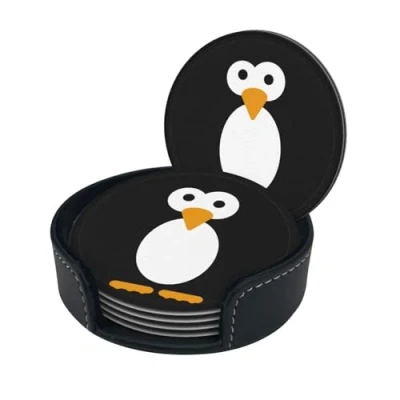 Image of Cute Penguin Print Round Leather Coasters Set Of 6, Ultra Fiber Pu