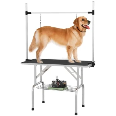 Image of PawHut Metal Adjustable Dog Grooming Table Rubber Top 2 Safety Slings Mesh Black