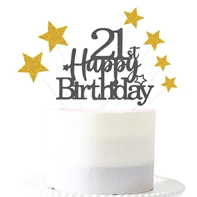 Image of Glittery 21st Happy Birthday Cake Topper with Star,21 Toppers Party Decorations Supplies for Boys Girls Black Gold