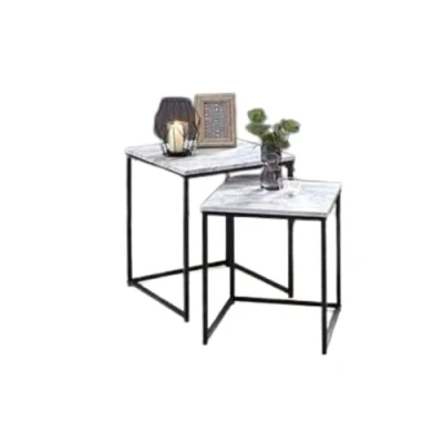 Image of AJ set of 2 nest tables, square table for the living room, a metal frame with marble top effect, nested coffee table, side nesting table.