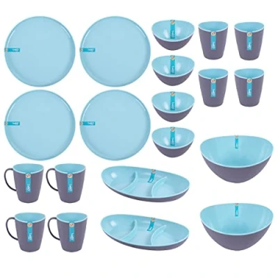 Image of YöL 20pc Full Two Tone Plastic Dinner Set Reusable Camping Summer Party BBQ Plate Bowl Cups Picnic Caravan Mugs Snacks Tableware