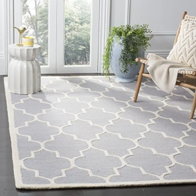 Image of SAFAVIEH Trellis Rug for Living Room, Dining Bedroom Cambridge Collection, Short Pile, in Silver and Ivory, 122 X 183 cm
