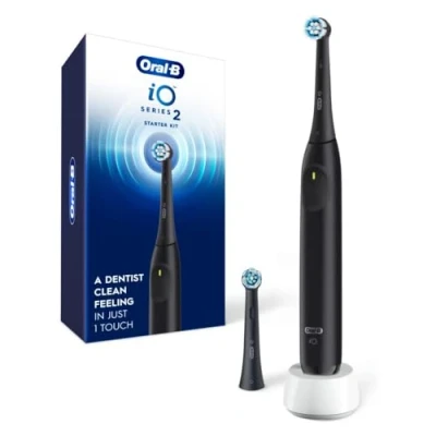 Image of Oral B iO Series 2 Rechargeable Electric Powered Toothbrush Starter Kit, Night Black with Brush Heads Automatic Pressure Sensor to Protect Gums 3 Modes Min Timer