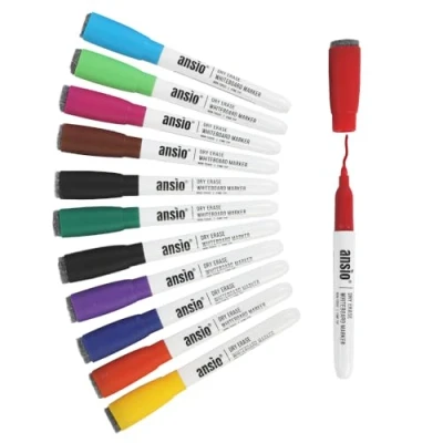 Image of ANSIO Whiteboard Pens Pack of 12 Assorted Markers with Fine Tip, Eraser, and Magnetic Lids Dry Wipe for