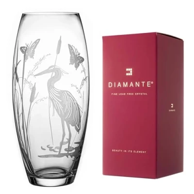 Image of DIAMANTE Barrel Shaped Crystal Vase &quot;Heron&quot; Etched Bird Decoration Wildlife Flower 30cm
